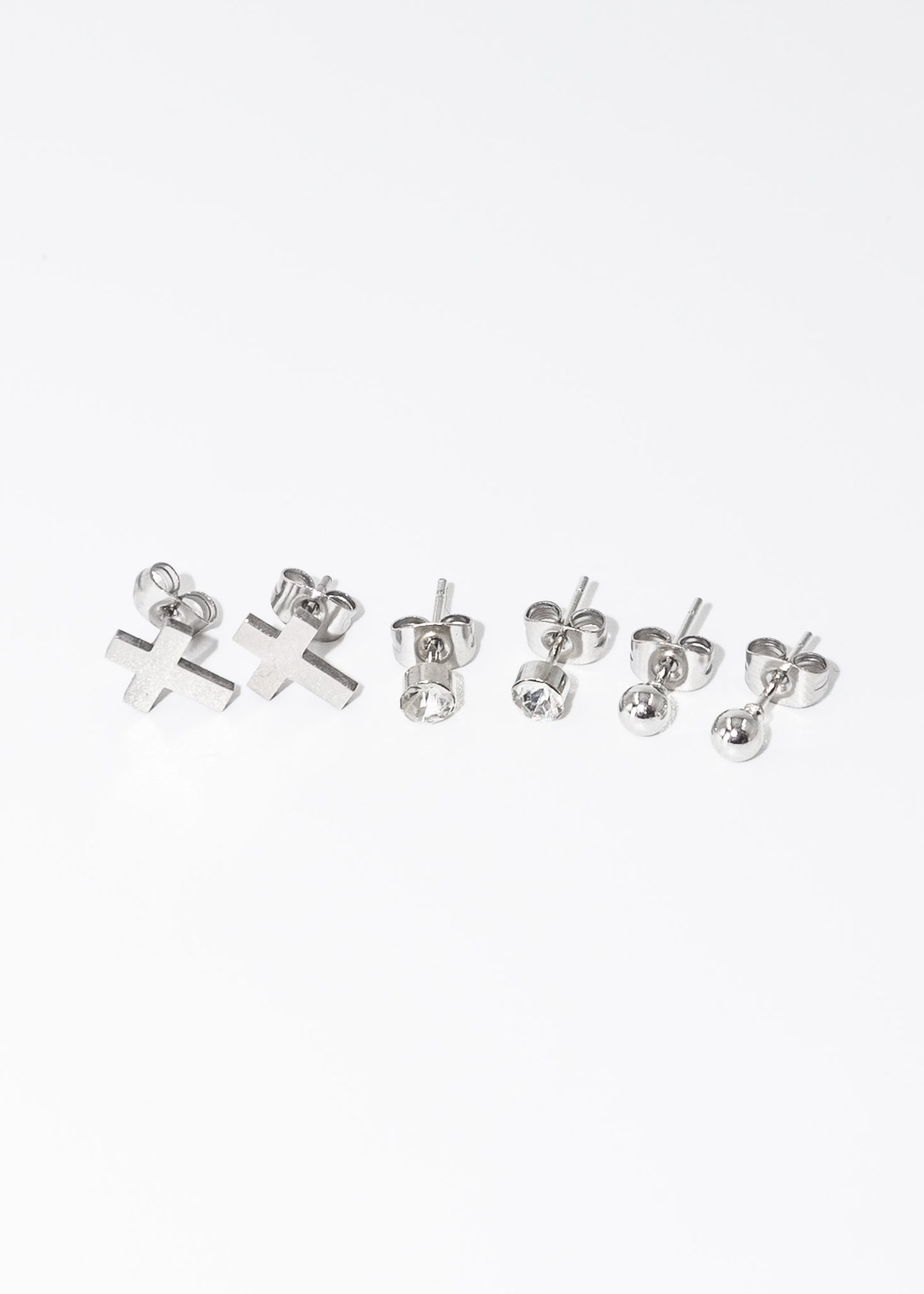 Caravanas set x3 cruz brillo y esfera acero quirúrgico