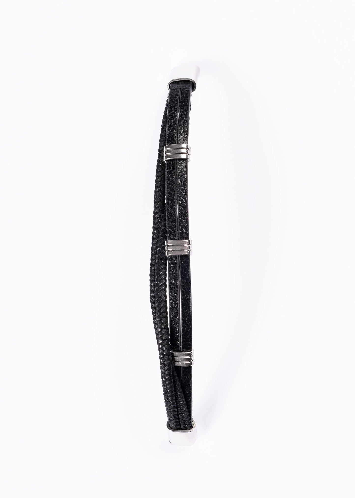 Pulsera triple con tachas cuerina negra - Acero inoxidable