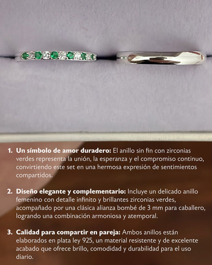 Set anillos sin fin verde + alianza bombé 3mm plata 925 & zirconias - Parejas