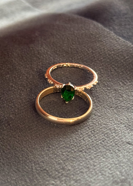 Set Anillo Gota Verde con laterales + alianza bombé 3mm Plata 925 & Zirconias - Parejas