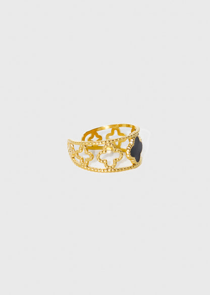 Anillo ajustable calado trébol negro acero quirúrgico