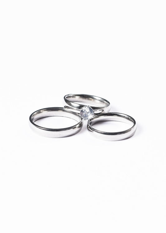 Set 2 alianzas + 1 cintillo clásico ancho + estuche - Acero plateado