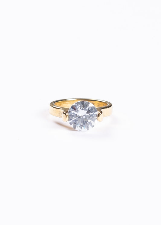 Anillo cintillo piedra grande 10mm acero quirúrgico dorado