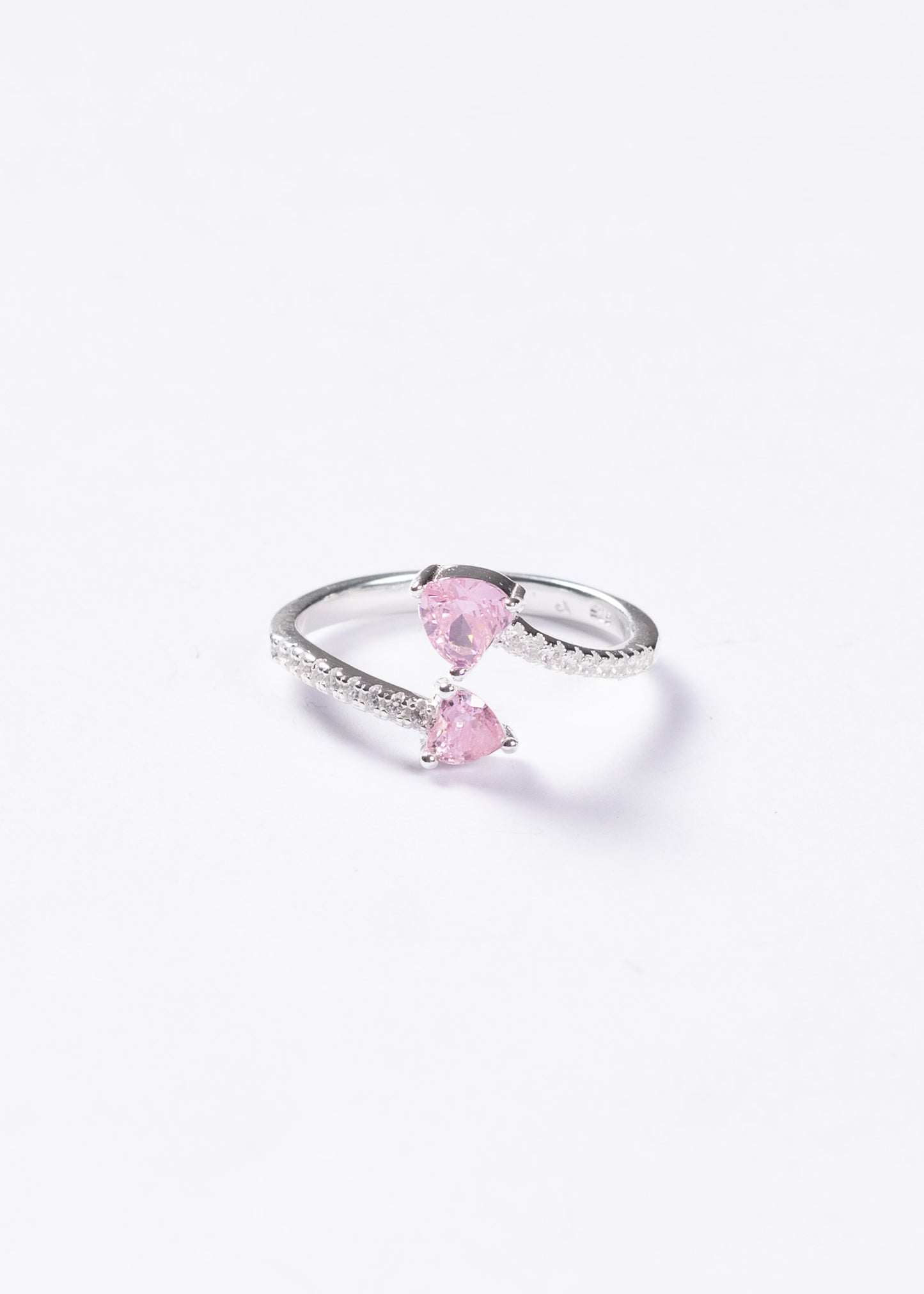 Anillo doble corazón zirconia rosada plata 925 - Ajustable