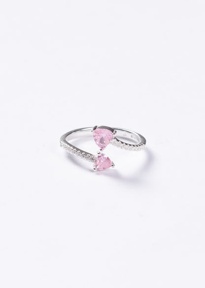 Anillo doble corazón zirconia rosada plata 925 - Ajustable
