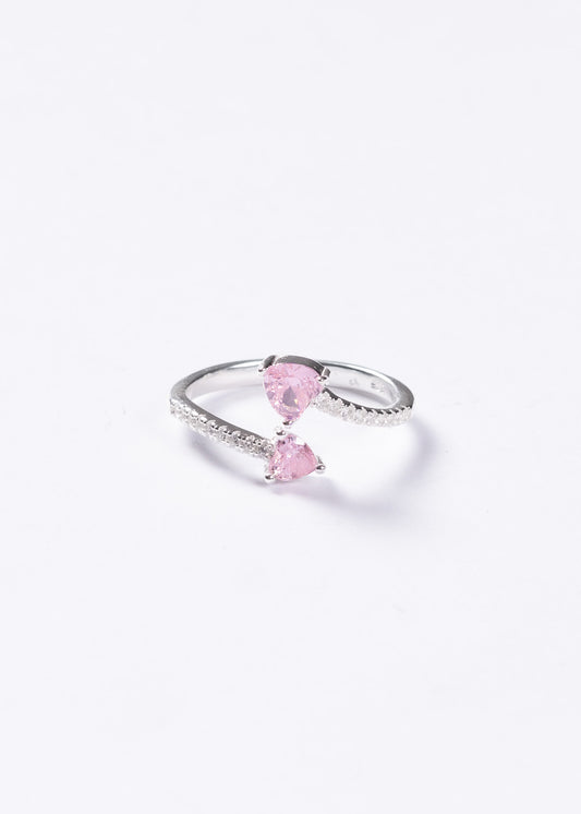 Anillo doble corazón zirconia rosada plata 925 - Ajustable