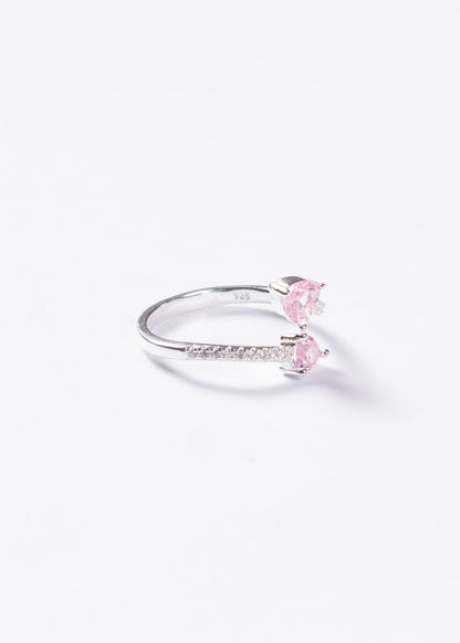 Anillo doble corazón zirconia rosada plata 925 - Ajustable