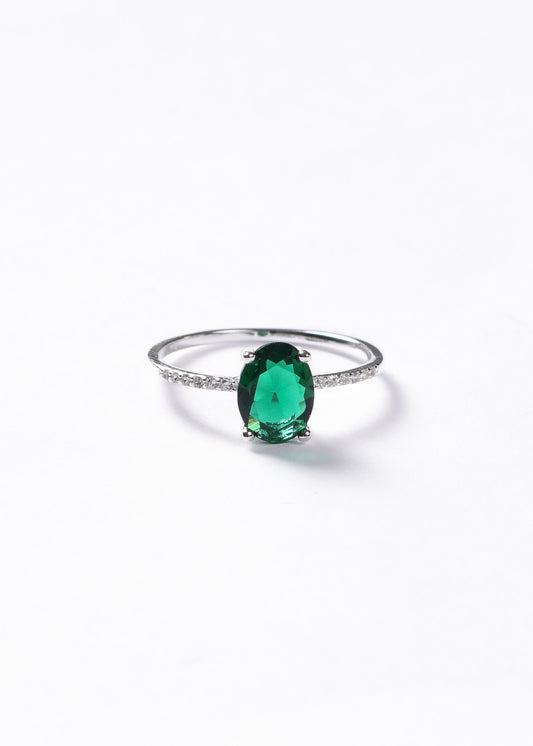 Anillo zirconia oval verde y laterales blancas plata 925