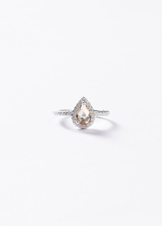 Anillo gota amarillo champagne zirconias laterales plata 925