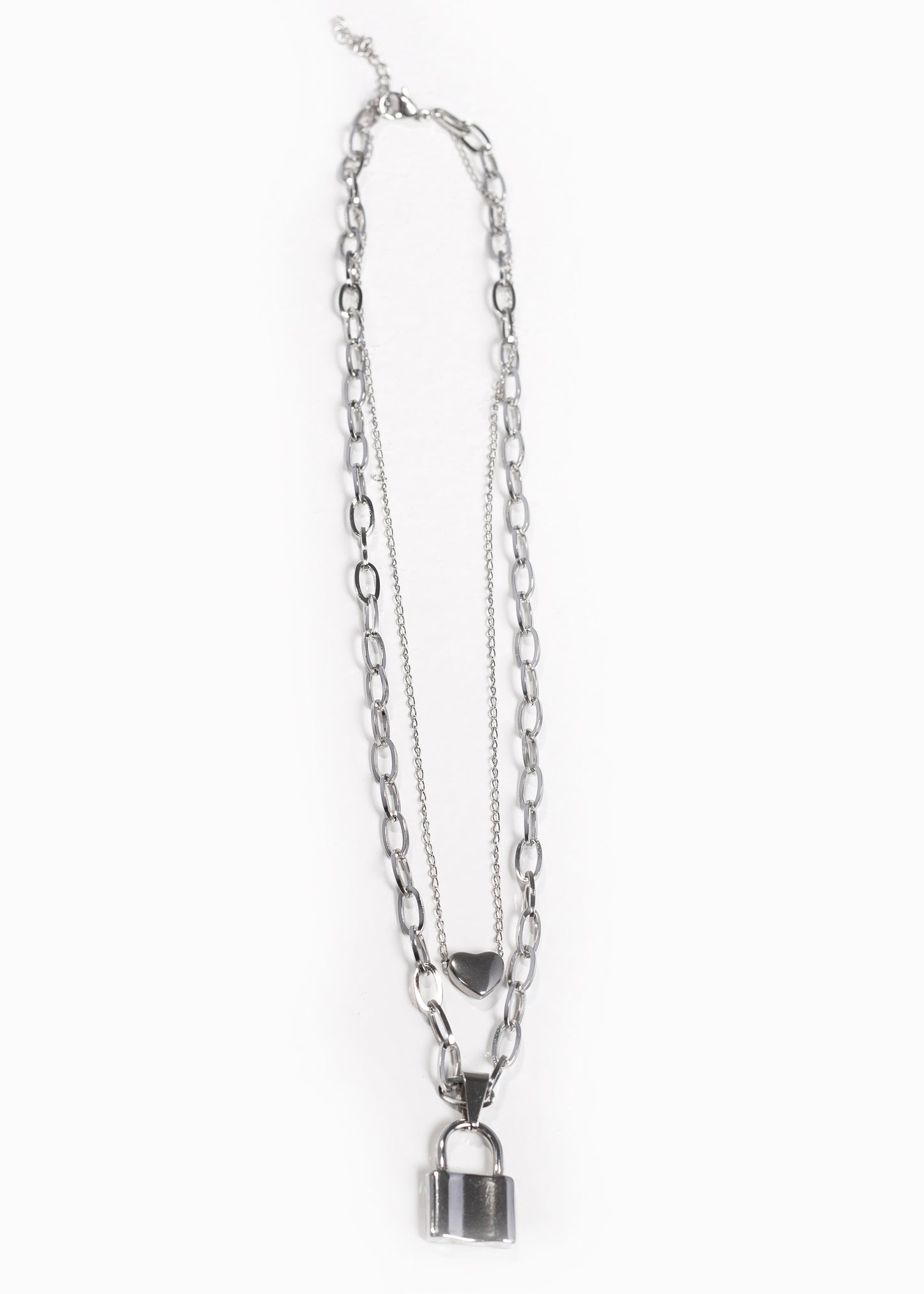Cadena collar doble corazón y candado acero quirúrgico