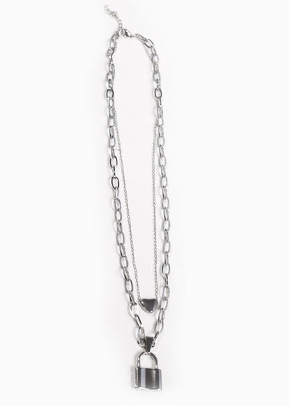Cadena collar doble corazón y candado acero quirúrgico