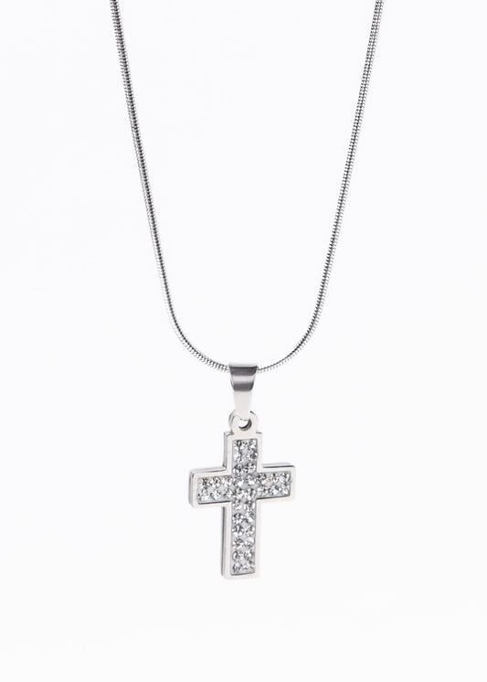 Cadena con dije cruz brillo strass acero quirúrgico