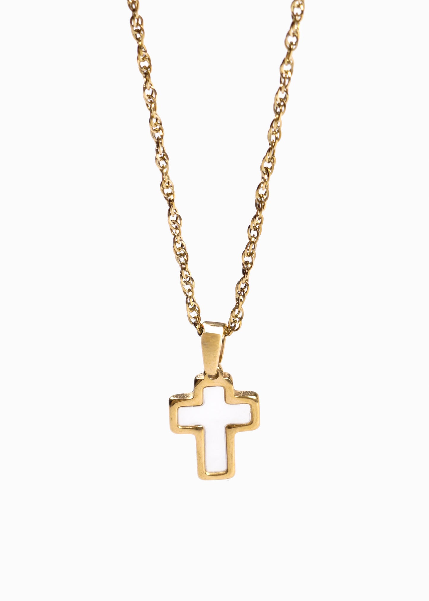 Cadena collar con dije cruz nácar acero quirúrgico dorado