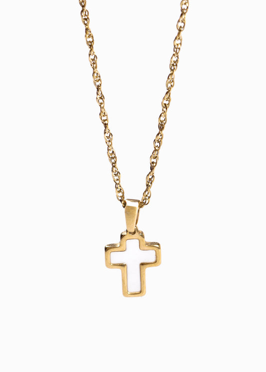 Cadena collar con dije cruz nácar acero quirúrgico dorado
