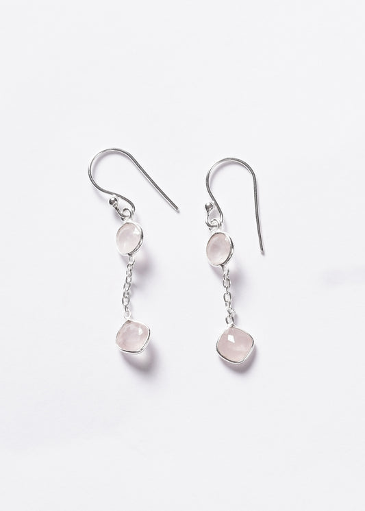 Caravanas colgantes doble cuarzo rosa plata 925 - Amor