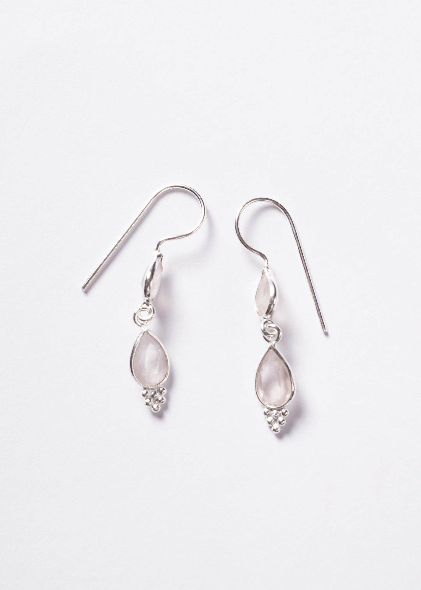 Caravanas colgantes doble gota cuarzo rosa plata 925 - Amor