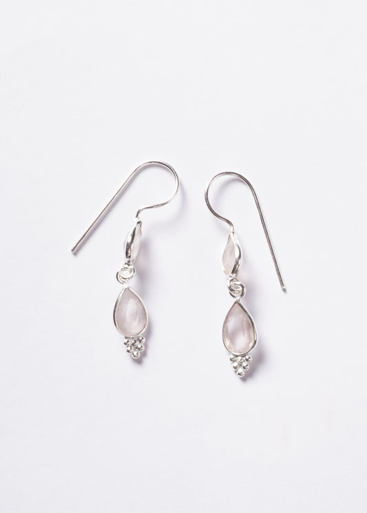 Caravanas colgantes doble gota cuarzo rosa plata 925 - Amor