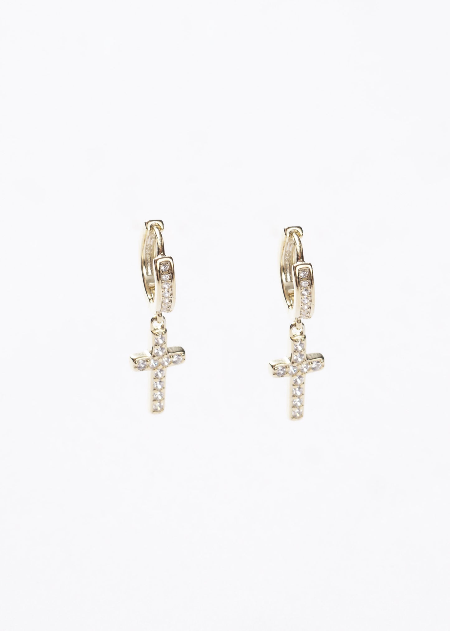 Caravanas aros huggies con dije cruz zirconias Plata 925 & Baño de oro 18k