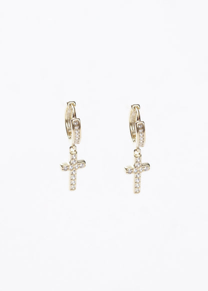 Caravanas aros huggies con dije cruz zirconias Plata 925 & Baño de oro 18k