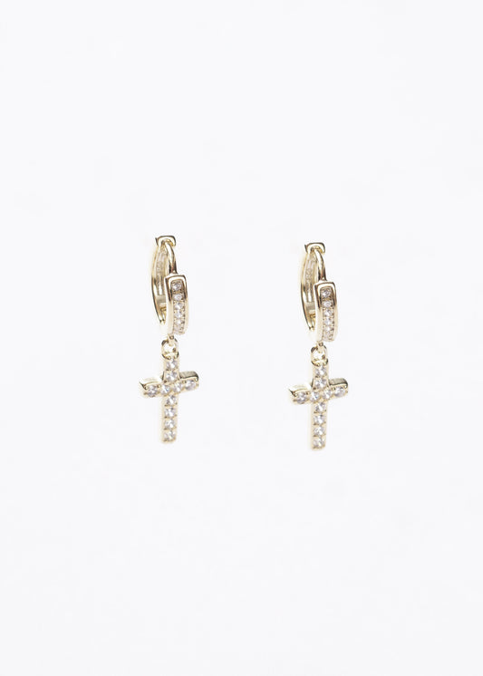 Caravanas aros huggies con dije cruz zirconias Plata 925 & Baño de oro 18k