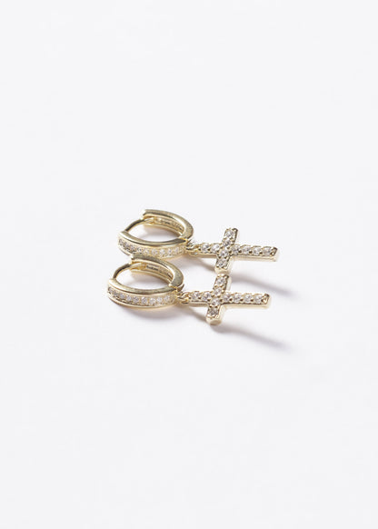 Caravanas aros huggies con dije cruz zirconias Plata 925 & Baño de oro 18k