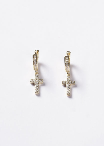 Caravanas aros huggies con dije cruz zirconias Plata 925 & Baño de oro 18k