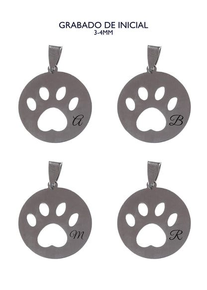 Dije huella de perro con inicial grabada - Acero quirúrgico