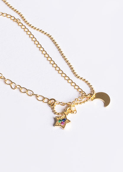 Pulsera doble dije luna y estrella zirconias baño en oro 18k