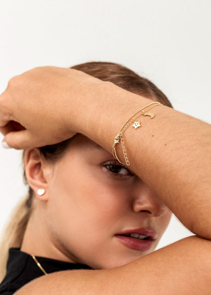 Pulsera doble dije luna y estrella zirconias baño en oro 18k