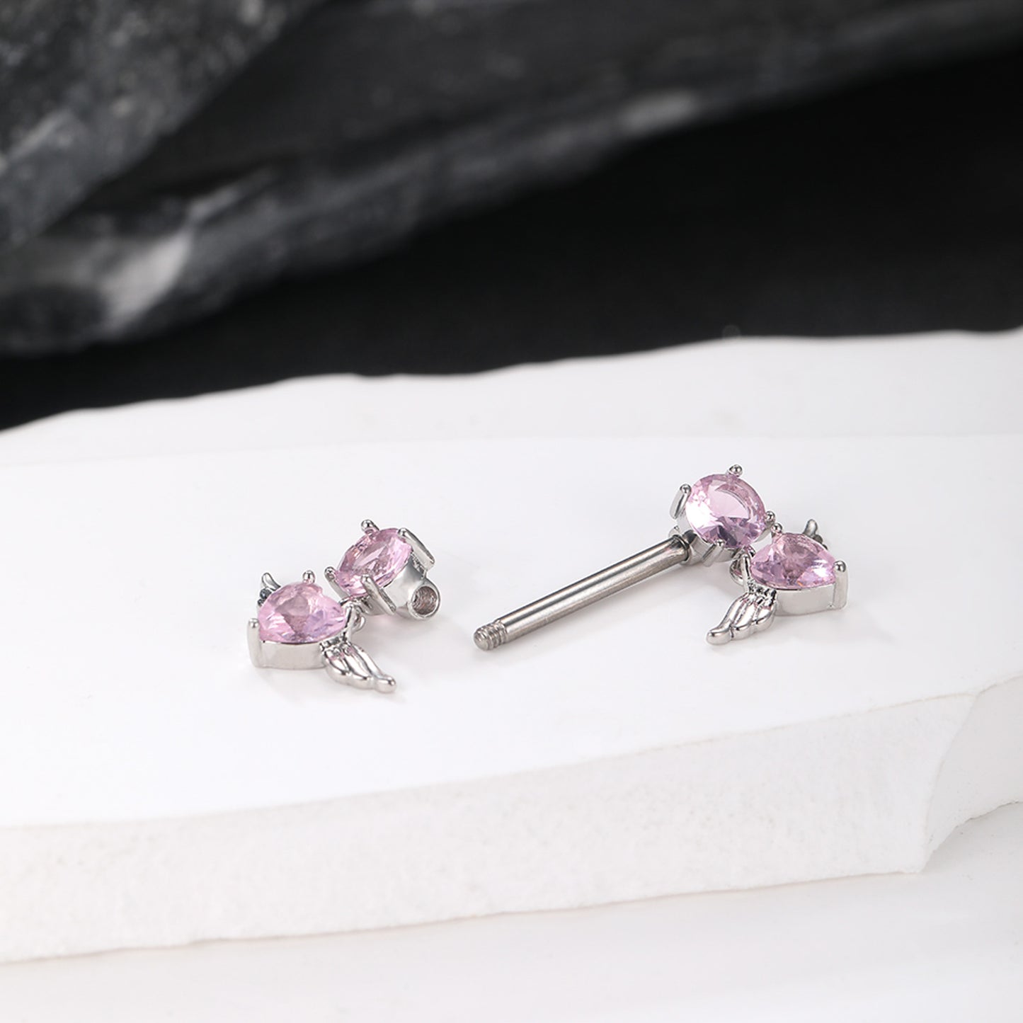 Piercing para pezón corazones rosa Acero Inox. & Zirconia