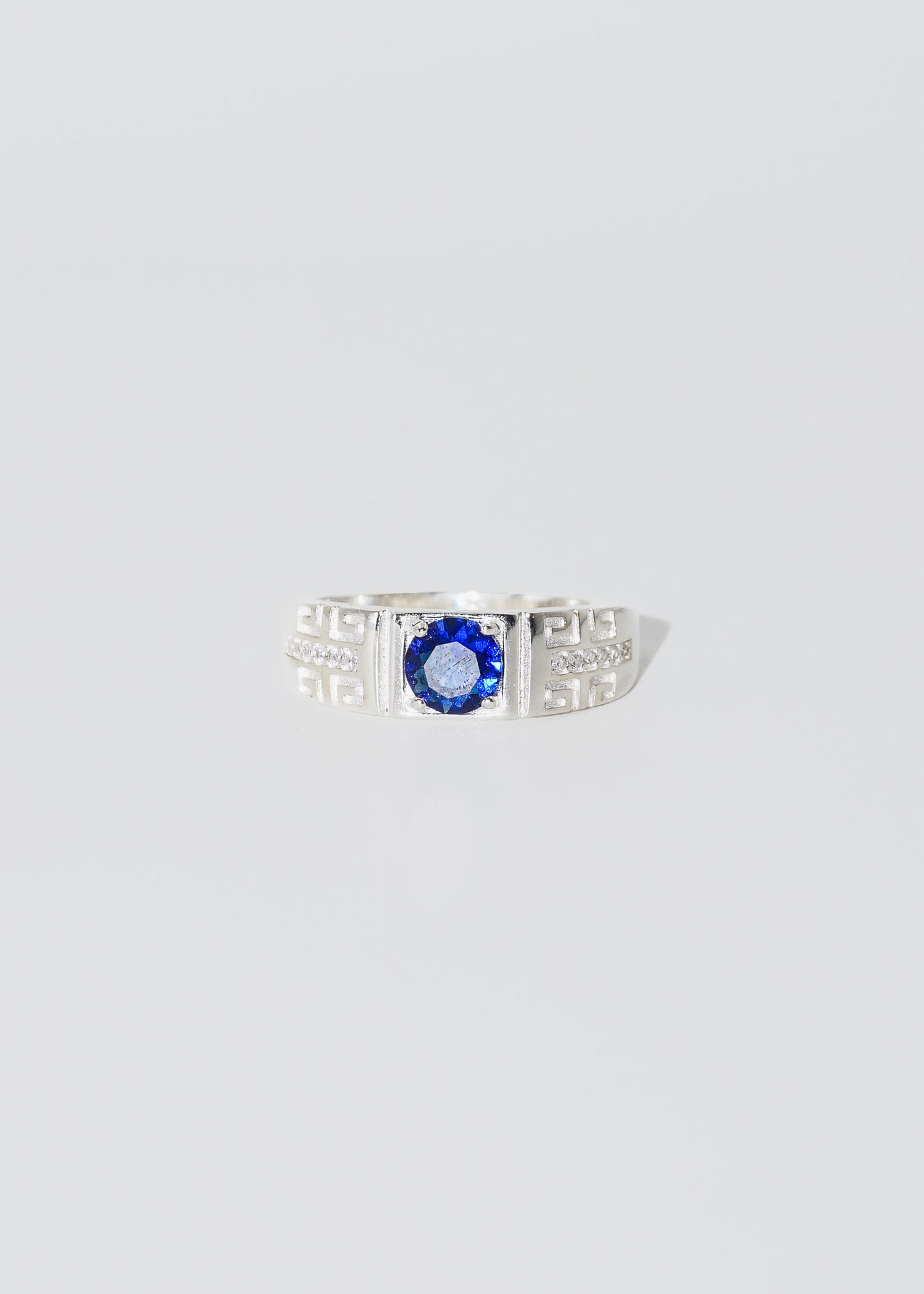 Anillo para hombre guarda griega con zirconia azul plata 925