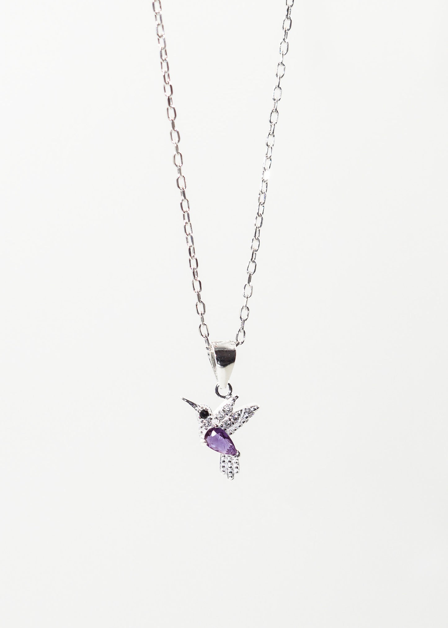 Collar cadena con dije colibrí zirconia violeta plata 925