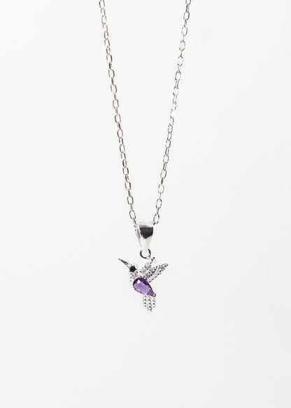 Collar cadena con dije colibrí zirconia violeta plata 925