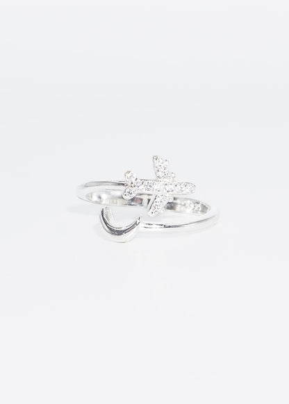 Anillo ajustable avión y luna plata 925
