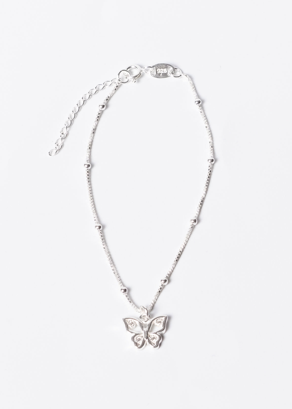 Pulsera veneciana con esferas dije mariposa plata 925