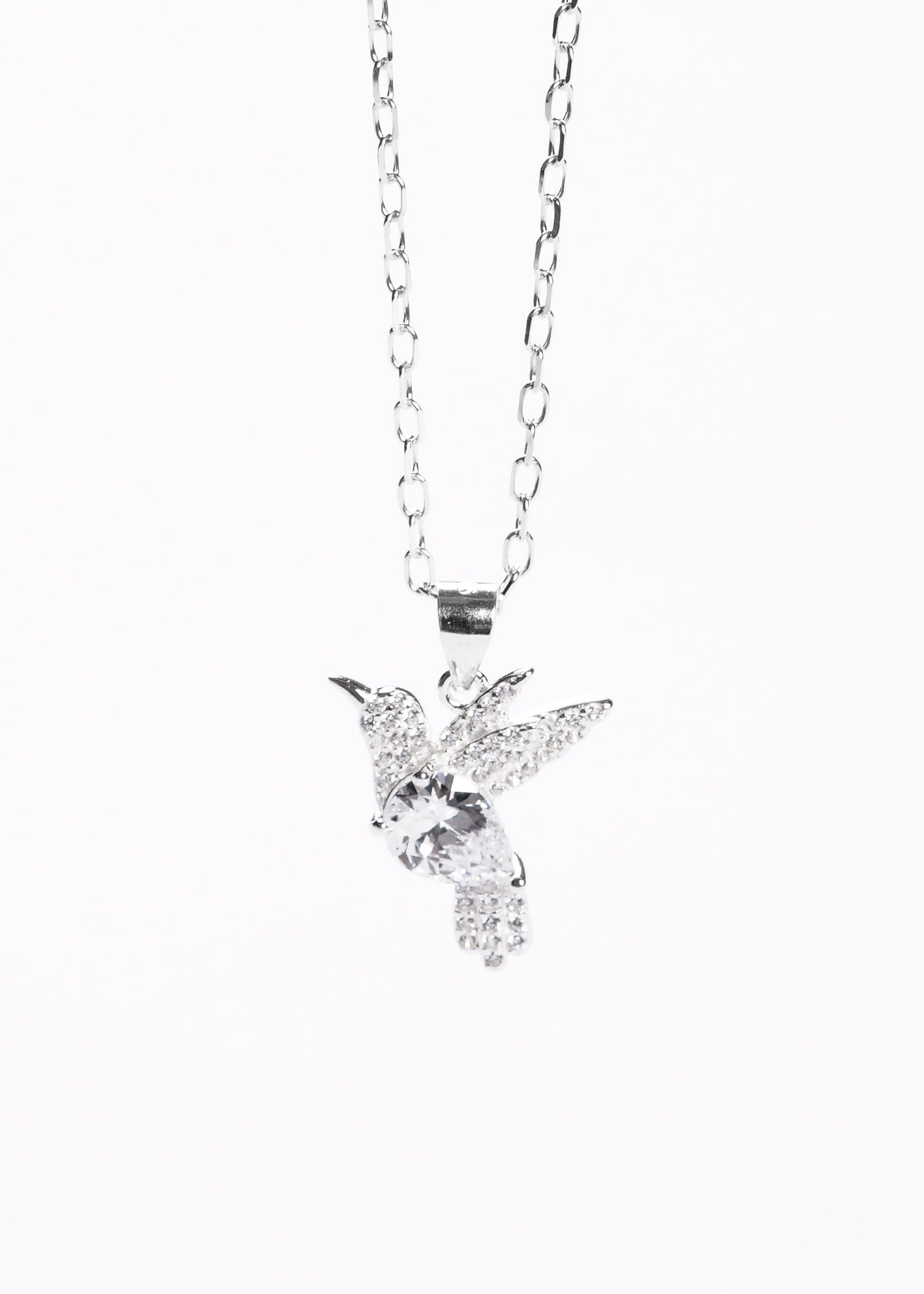 Cadena collar dije colibrí grande zirconia blanca plata 925