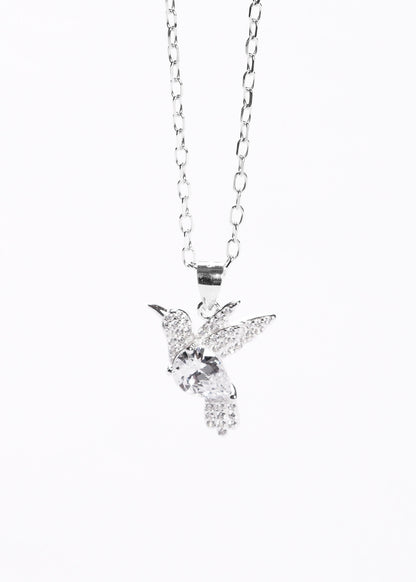 Cadena collar dije colibrí grande zirconia blanca plata 925