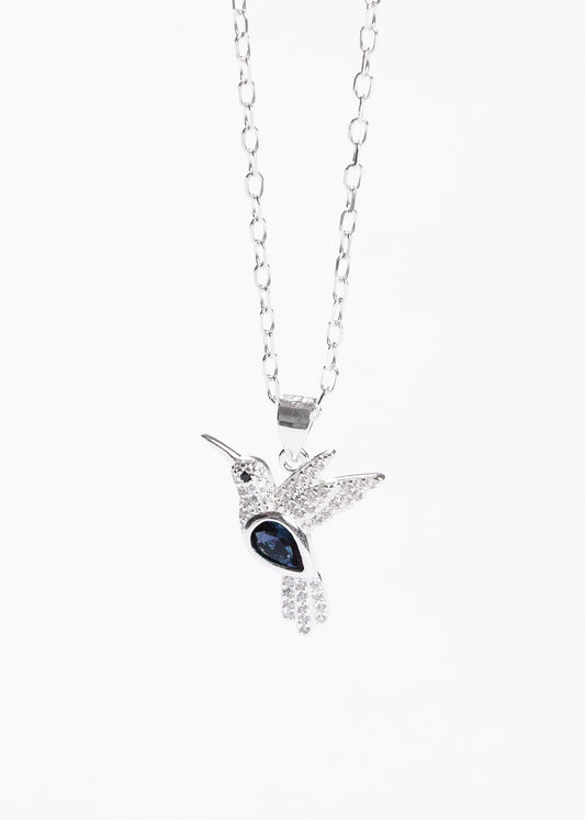 Cadena collar dije colibrí grande zirconia azul plata 925