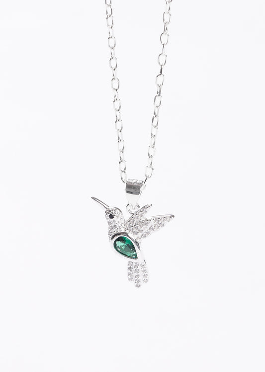 Cadena collar dije colibrí grande zirconia verde plata 925