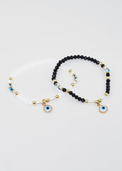 Pulsera mostacillas con dije ojo turco colgante elastizada