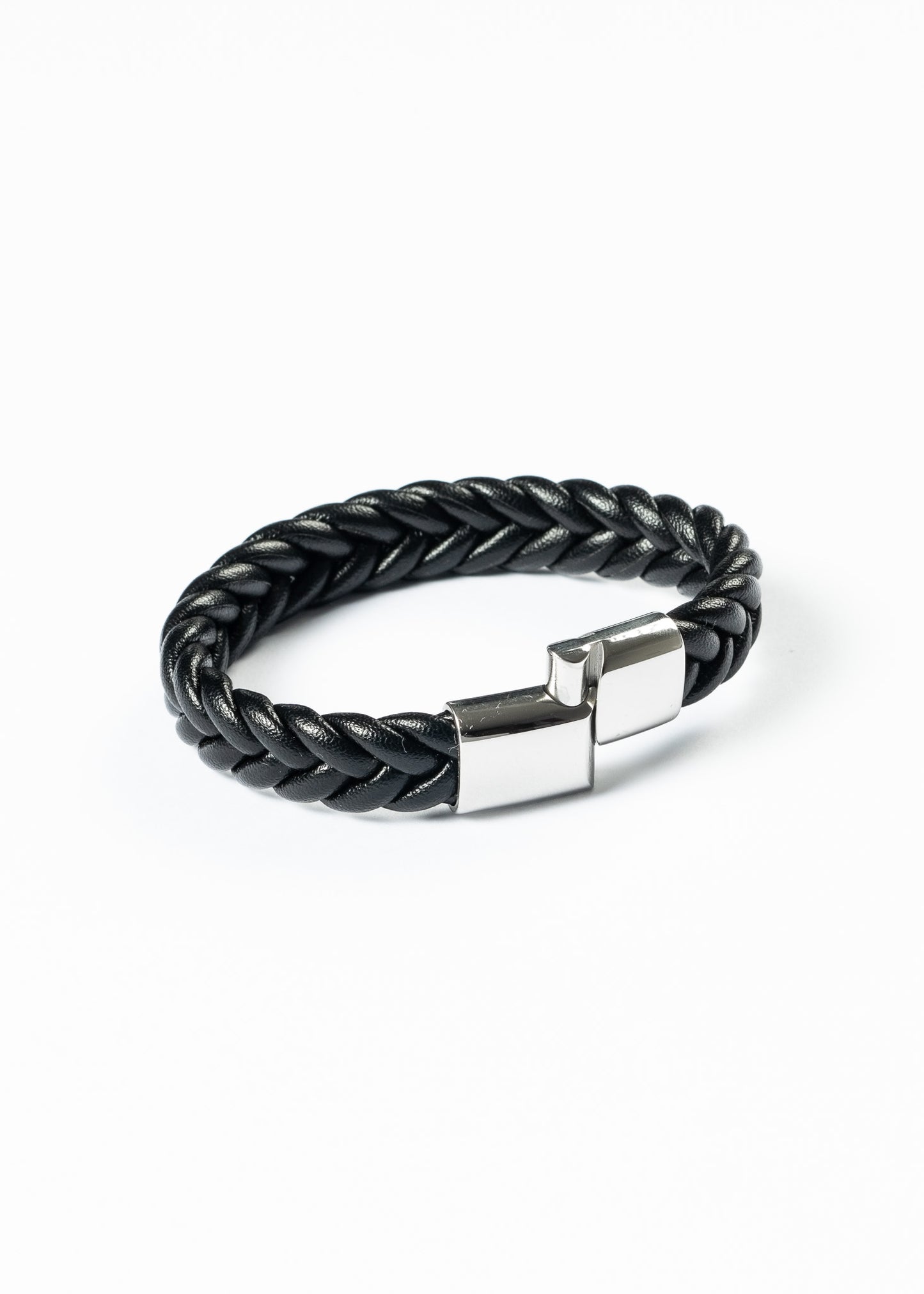 Pulsera trenzada cuerina negra - Acero inoxidable