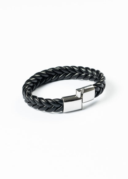 Pulsera trenzada cuerina negra - Acero inoxidable