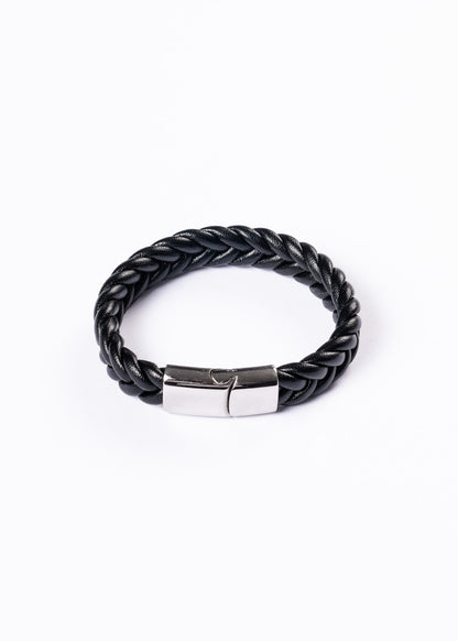 Pulsera trenzada cuerina negra - Acero inoxidable