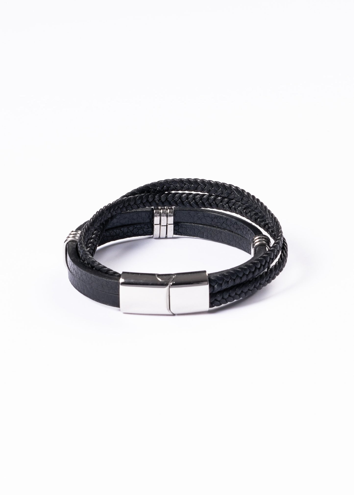 Pulsera triple con tachas cuerina negra - Acero inoxidable