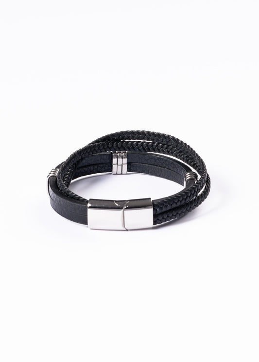 Pulsera triple con tachas cuerina negra - Acero inoxidable