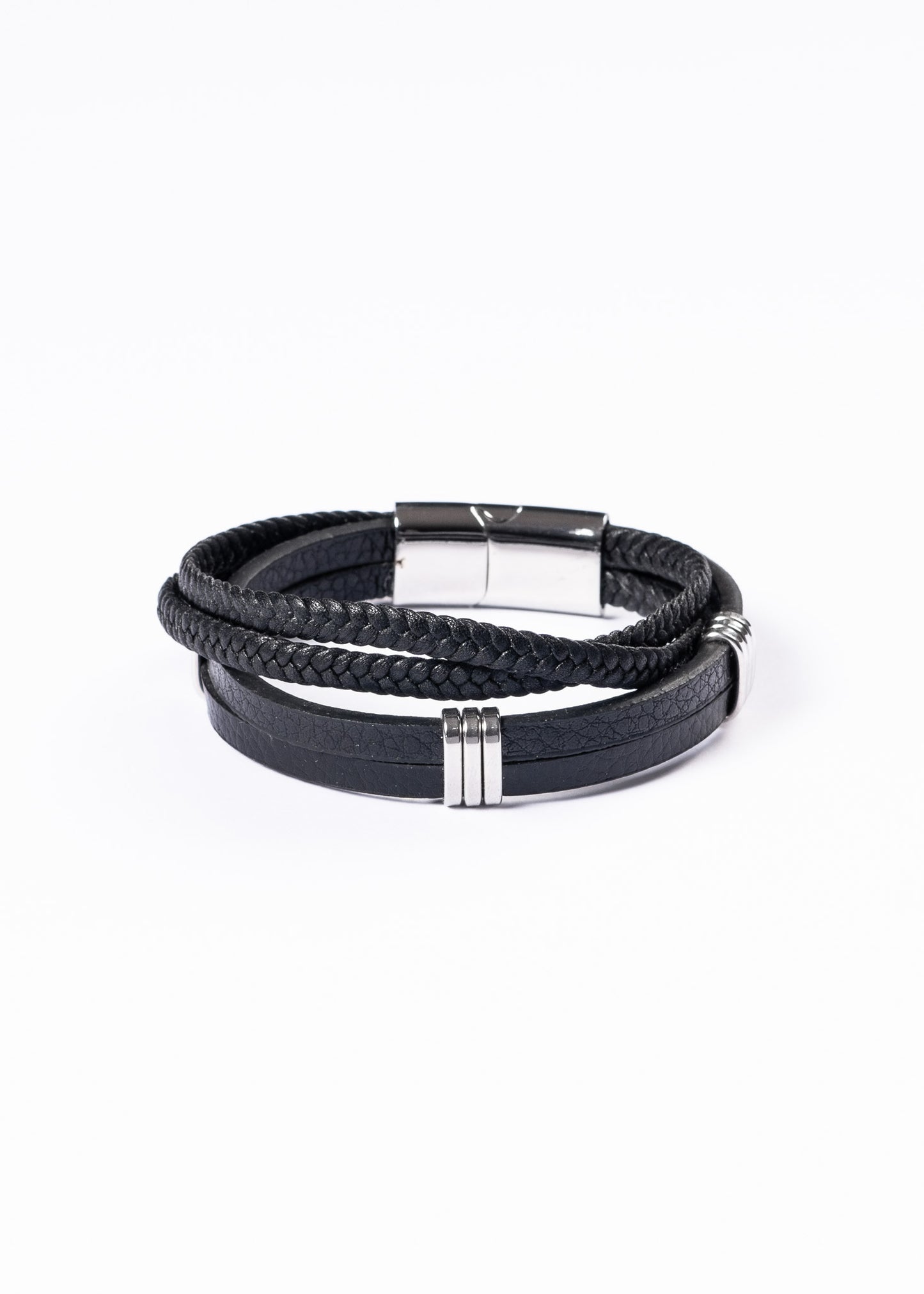 Pulsera triple con tachas cuerina negra - Acero inoxidable