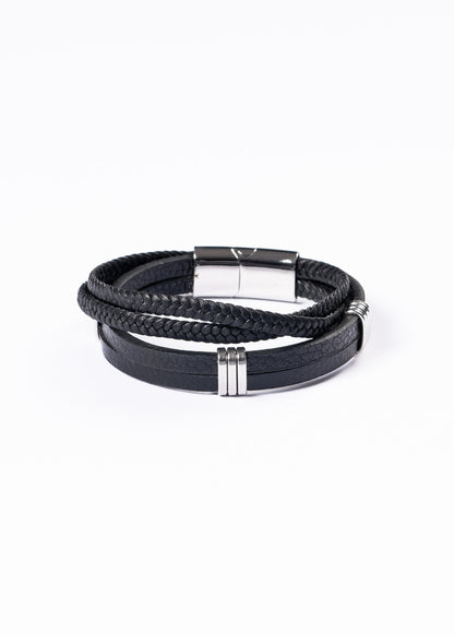 Pulsera triple con tachas cuerina negra - Acero inoxidable