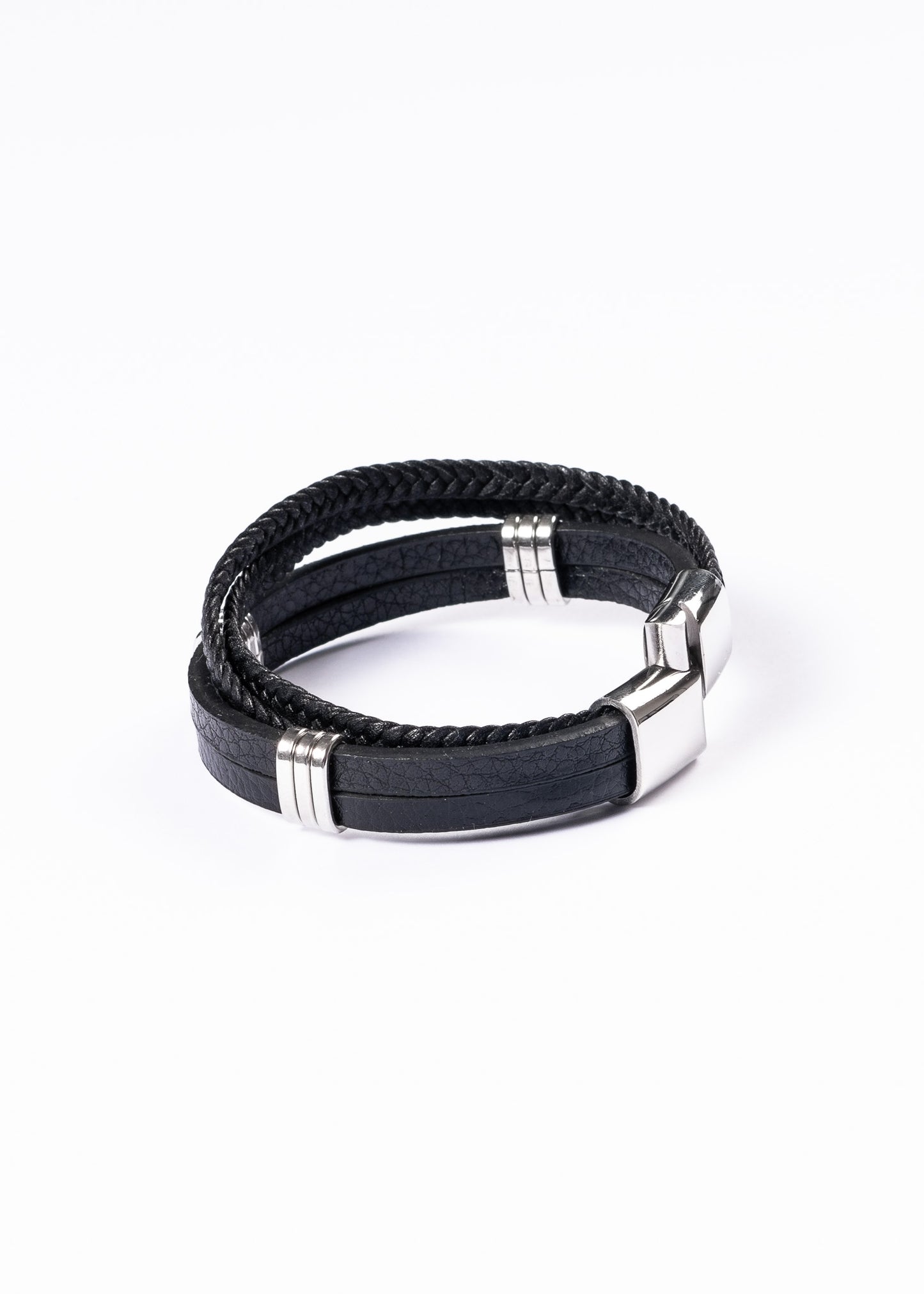 Pulsera triple con tachas cuerina negra - Acero inoxidable