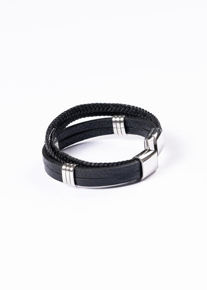 Pulsera triple con tachas cuerina negra - Acero inoxidable