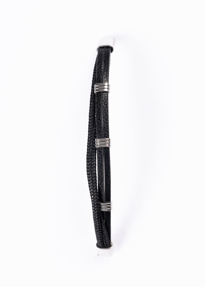 Pulsera triple con tachas cuerina negra - Acero inoxidable